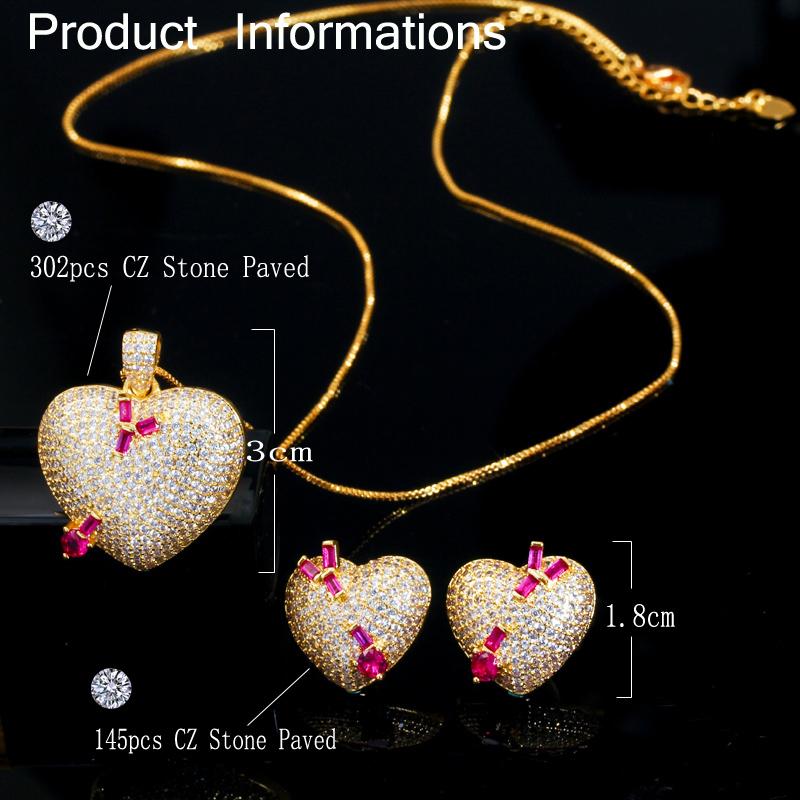 WWJ Yellow Golden Color Love Heart Cupid's Arrow Pendants Necklaces Earrings Set