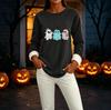 Women's Long Sleeve Lined Round Neck Top with Halloween Print, Casual Winter Wear