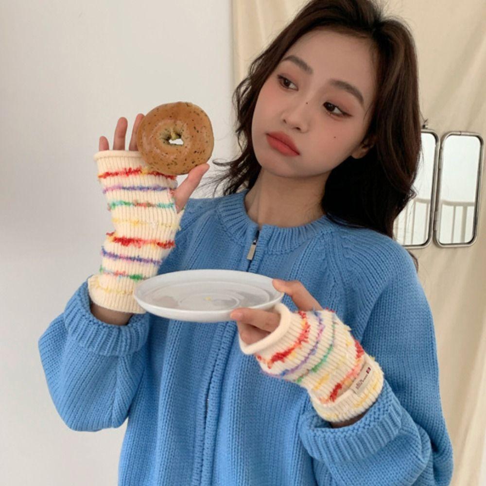Y2k Streifen Gestrickte Handschuhe Verdickte Fingerlose Fäustlinge Süße Damen Winterhandschuhe Damen