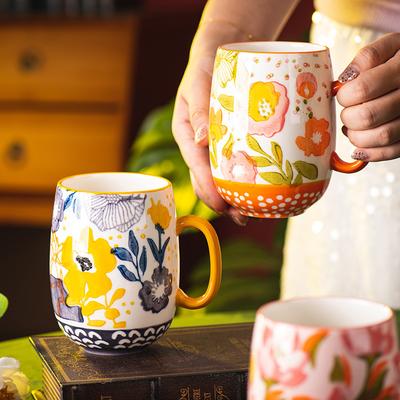 730ML Keramiktasse Kaffeetasse Bemalte Blume Wasserbecher Exquisite Nachmittag Kamelienblume Teetasse Große Kapazität Frühstück Milchbecher