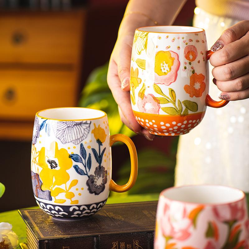 730ML Ceramic Coffee Mug Painted Flower Water Cup Exquisite Afternoon Camellia Flower Tea Cup Large Capacity Breakfast Milk Mug