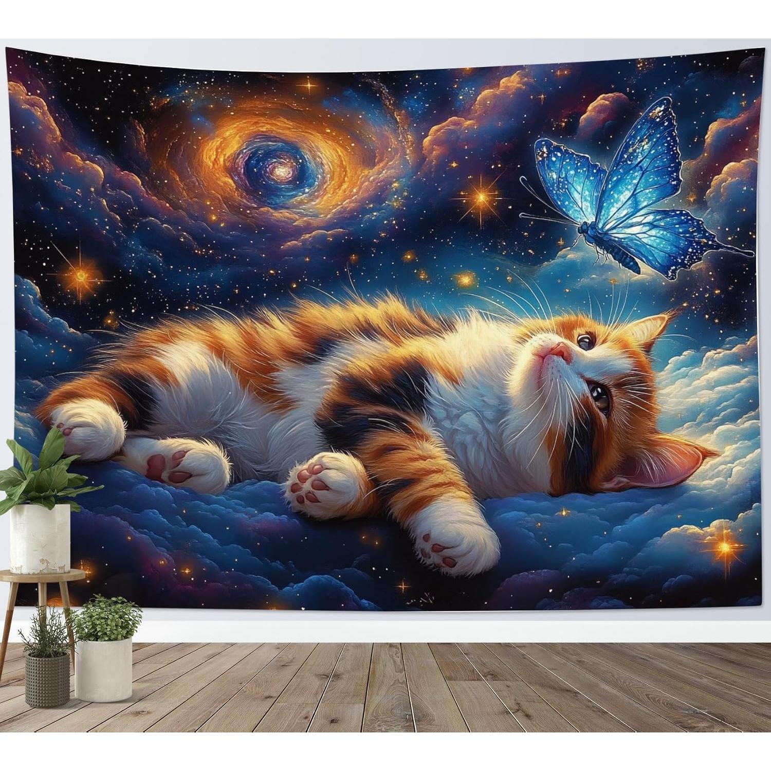 Tapestry hvest funny cat butterfly wall 75x100