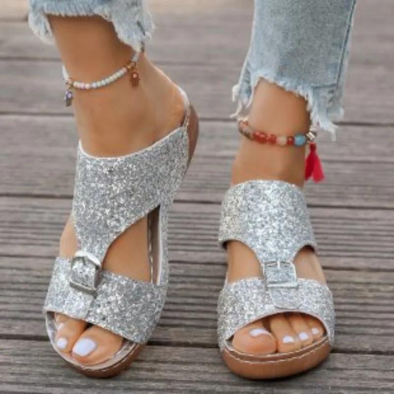 Fashion 2025 Ladies Shoes Open Toe Women's Slippers Outdoor Casual Slippers Women Buckle Round Toe Wedges Plus Size Women's Sandals