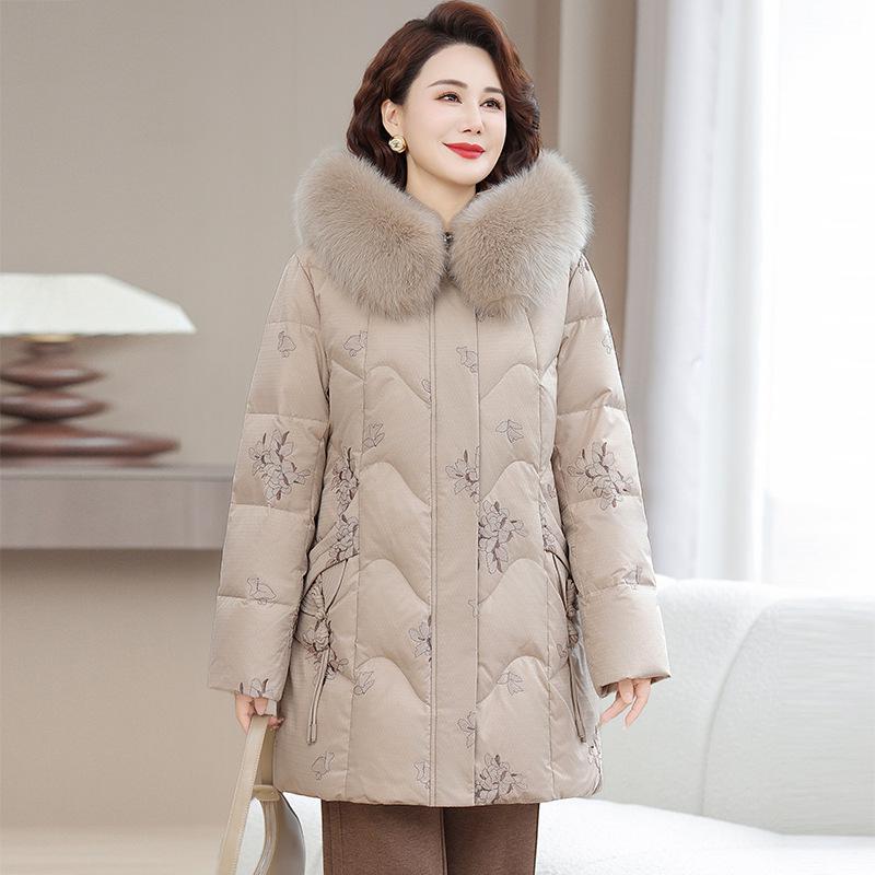 2025 Chinese Style Embroidered White Goose Down Jacket for Middle-Aged and Elderly Women - Thick Winter Coat
