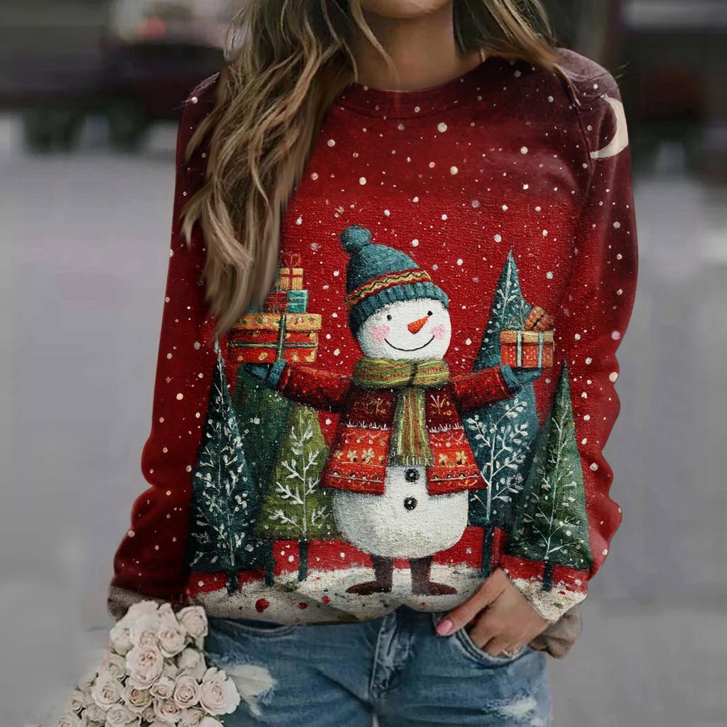 Women's Fashion Casual Long Sleeve Christmas Printed Neck Sweatshirt Top
