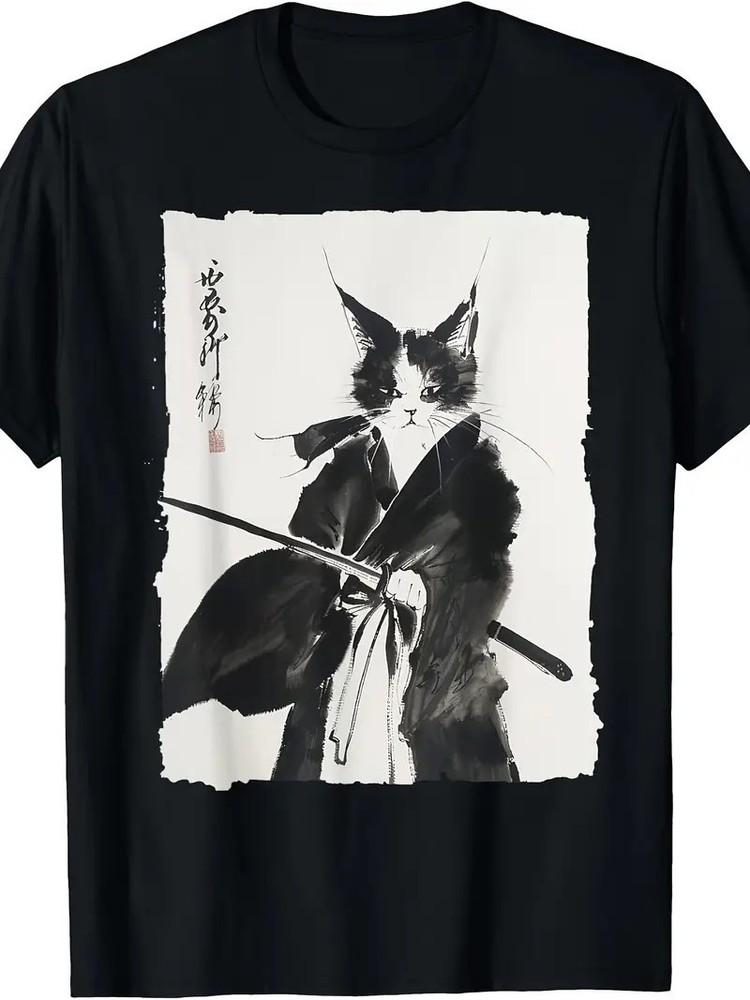 Vintage Samurai Cat Graphic Tee, Ukiyo-e Inspired Japanese Art Unisex T-Shirt M