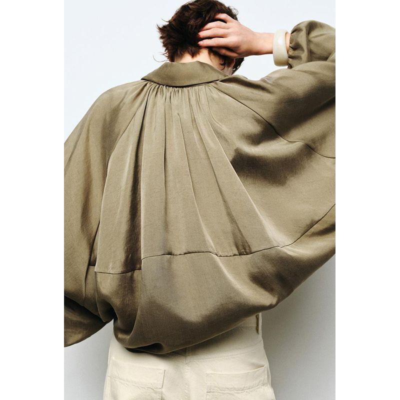 Spring New Women's Clothing Lapel Long Sleeves Ruched Hem Puffy Pilot Jacket Outwear 2814404