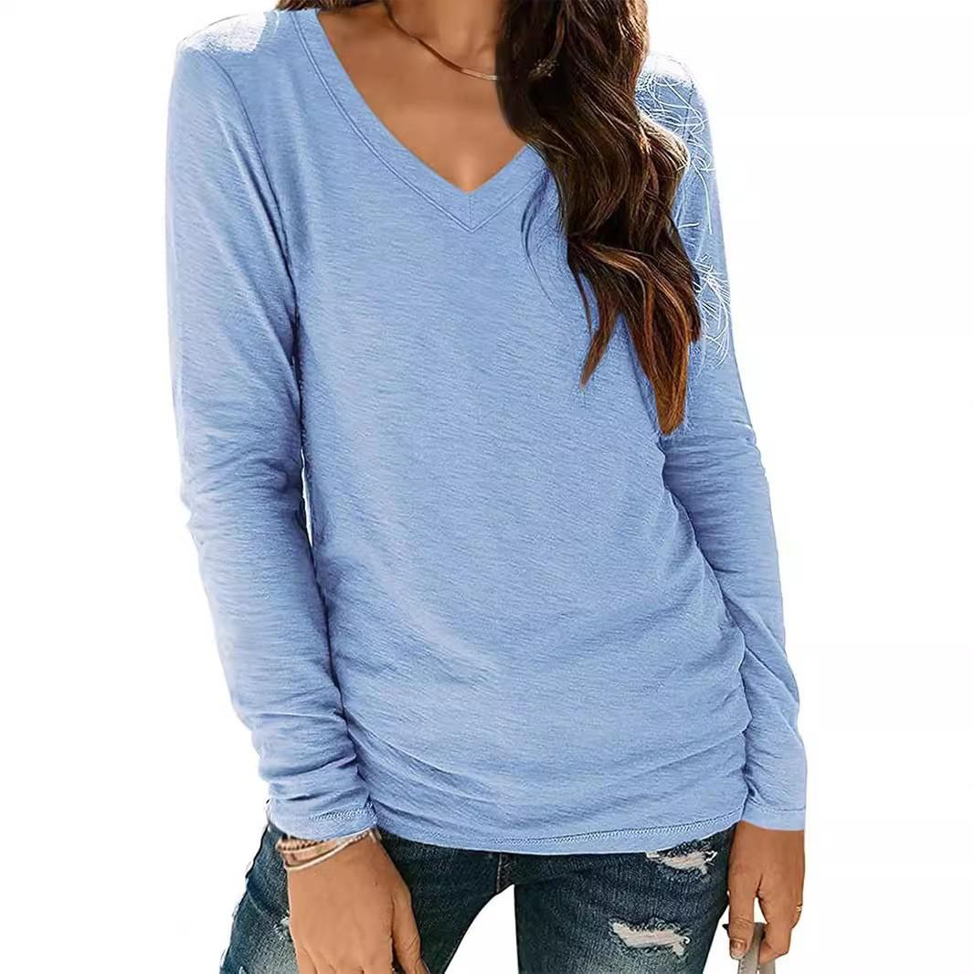 

YYFS женские модные повседневные весенне-осенние однотонные блузки и рубашки с длинным рукавом и v-образным вырезом с принтом XXL светло-синий