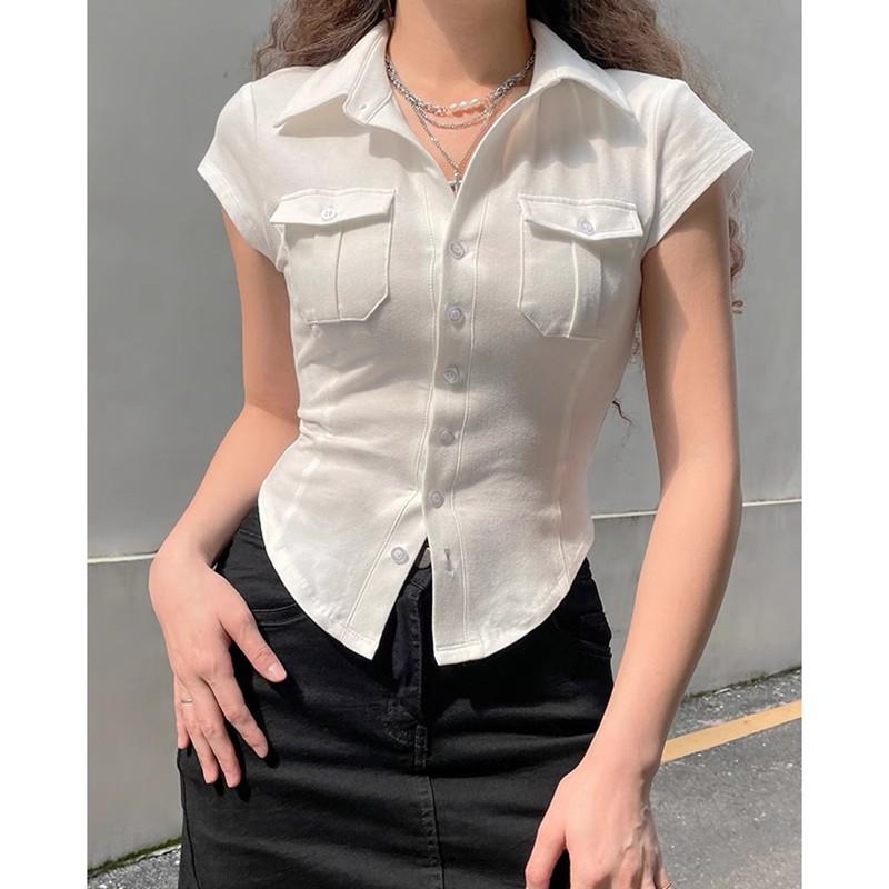 Hongkong-Stil Weiß Slim Fit Polokragen Kurzarm Damen Sommerhemd