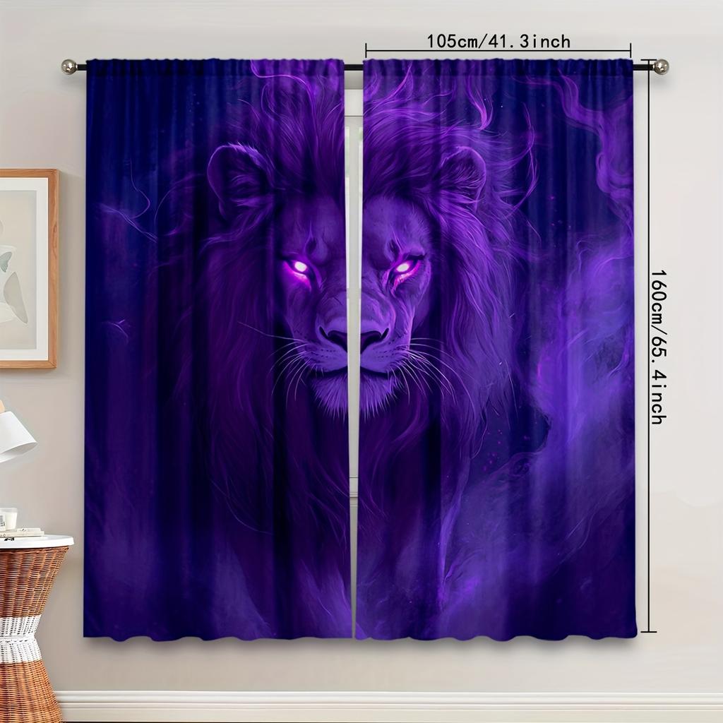 Set Of 2 Curtains Featuring Dark Purple Lion Patterns Flowing Mist Glowing Eyes Showcasing Unique Fantasy Curtain Blackout Polyester
