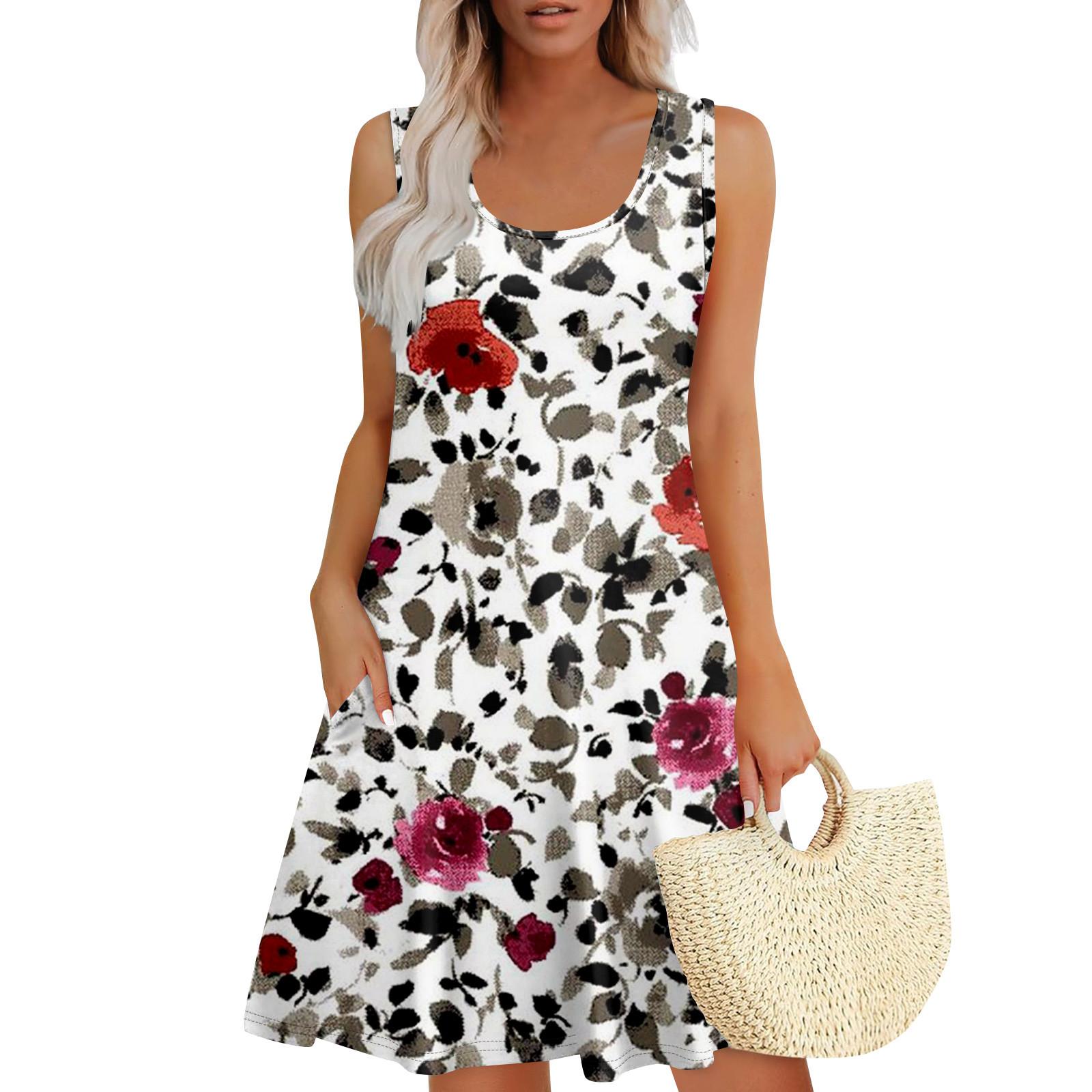 

Женское летнее повседневное платье U-образного кроя с завязкой и карманом, популярное цветочное платье с принтом XL белый