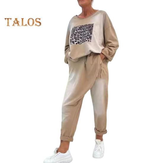 2 Teile/satz Damen Top Hosen Set Rundhals Leopardenmuster Lange Ärmel Schlitz Saum Sweatshirt Elastische Taille Jogginghose Sport Outfit Herbst Lässiger Trainingsanzug