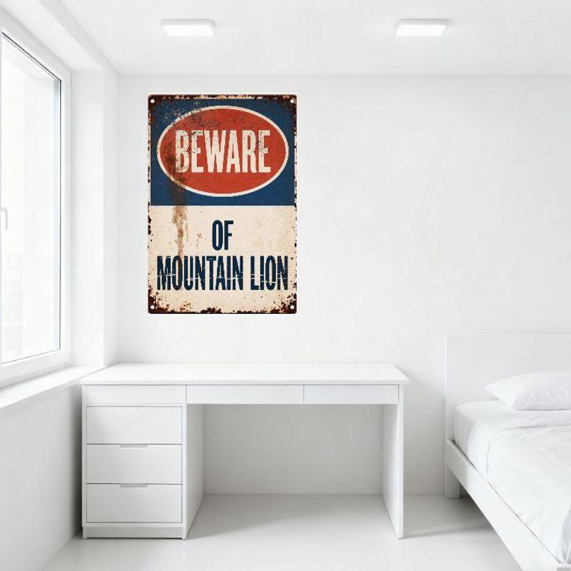 Vintage Rustic Mountain Lion Warning Metal Tin Sign - Weathered Aged Rust Spots Faded Paint Blue Red Oval Decor for Man Cave Bar