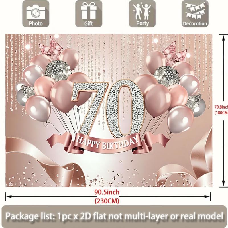A single-color 2D flat banner with the shining "70" logo on it, along with rose gold and silver balloons