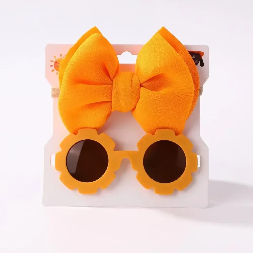 1Set Children Headwear Glasses Solid Soft Bowknot Head Bands Girls Lace Barrette Retro Headbands Sunglasses Kids Hair Band Sets