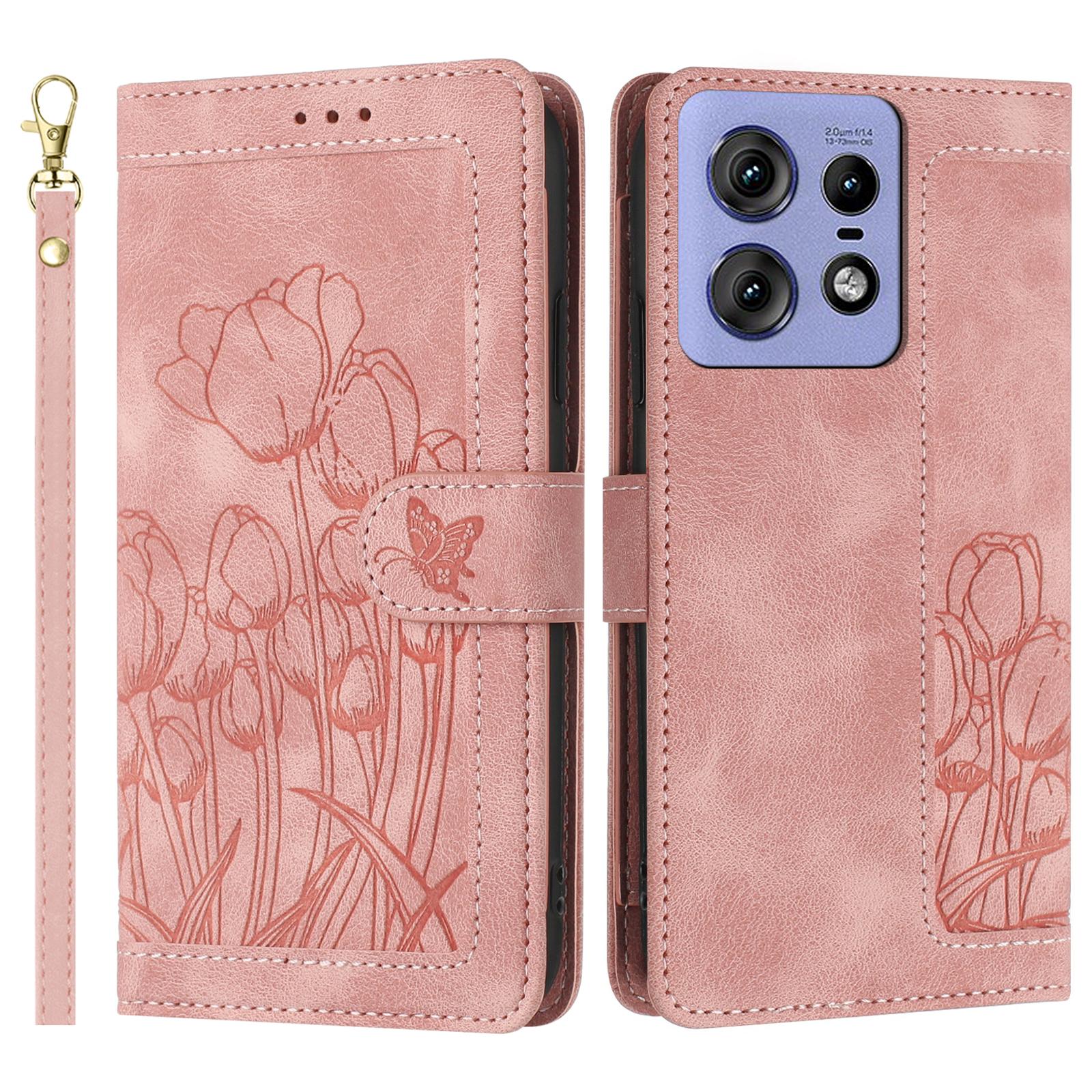 

For Motorola Edge 50 Pro 5G Tulip Leather Case Phone Cover with 5 Card Slots Wallet Pink