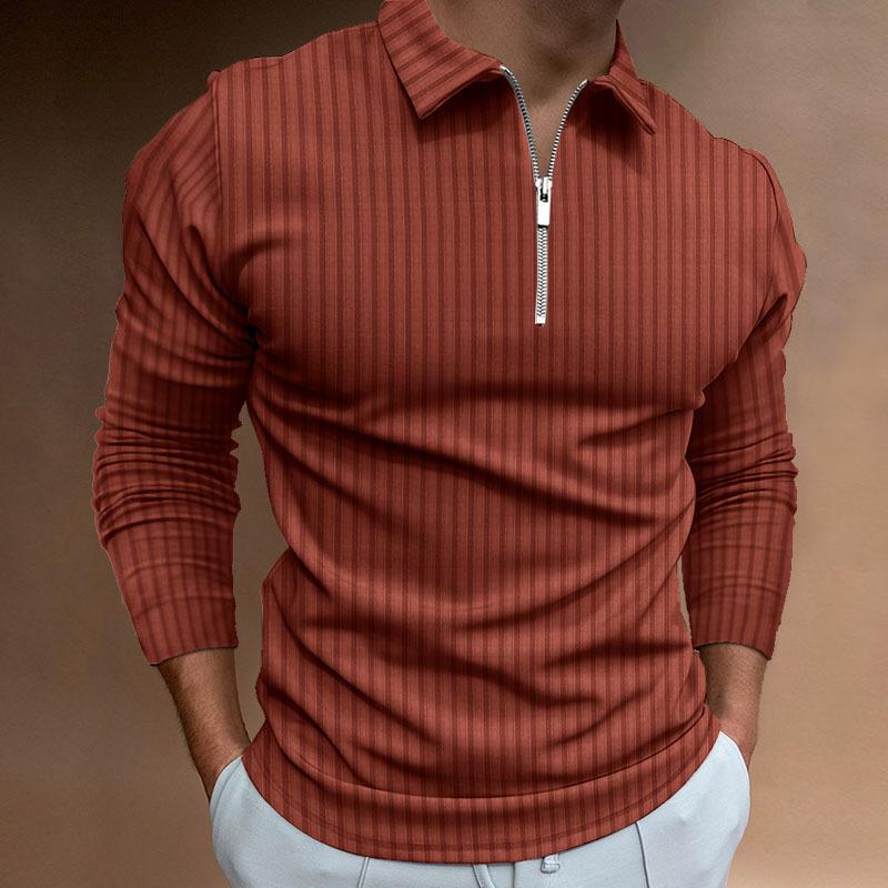Autumn Men's Printed Solid Color Striped Zipper POLO Shirt