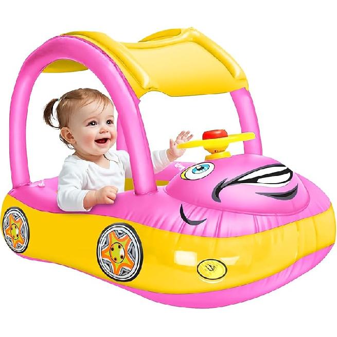 iGeeKid Inflatable Baby Pool Float with Canopy, Safty Seat for Infant Baby Swim Float Rings Car Shaped Swimming Pool Floaties for Babies Toddler Age
