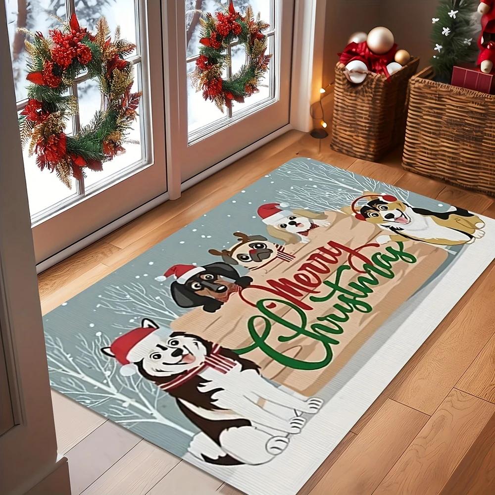 1pc Christmas Dog Mat Merry Bright Holiday Indoor and Outdoor Rear Front Door Welcome Rug Winter Door Carpet Home Decoration