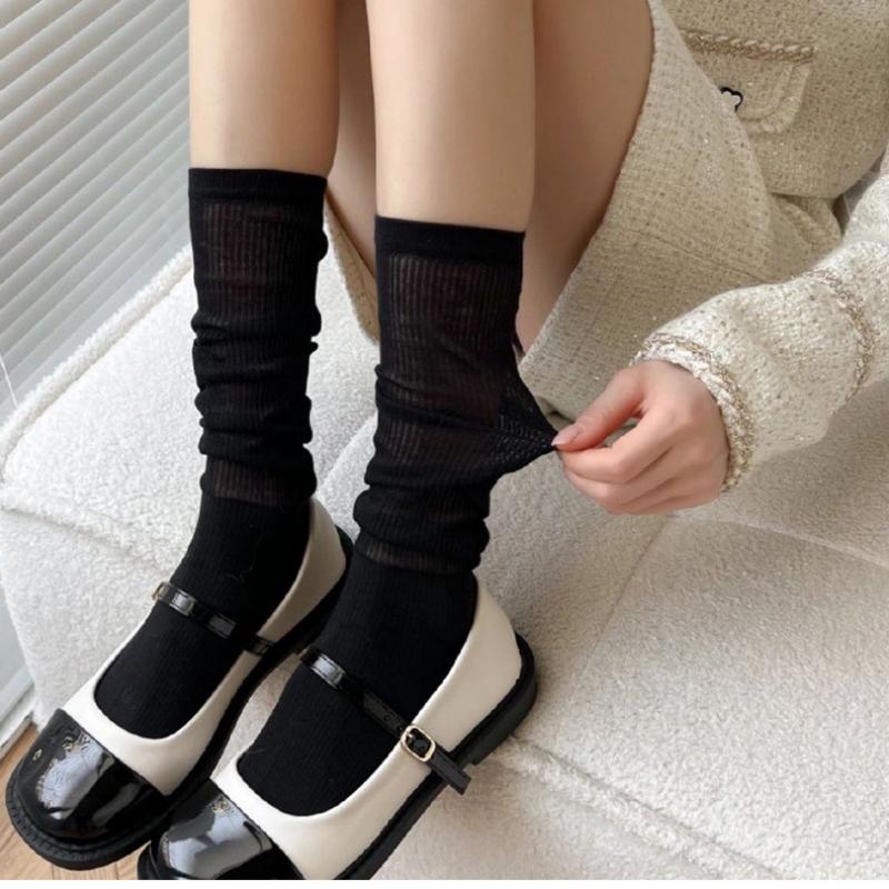 Kave Socks For Women'S Spring And Summer Thin White Stacking Socks Mid-Tube Cotton Socks Black Jk Knee-Length Women'S Stockings