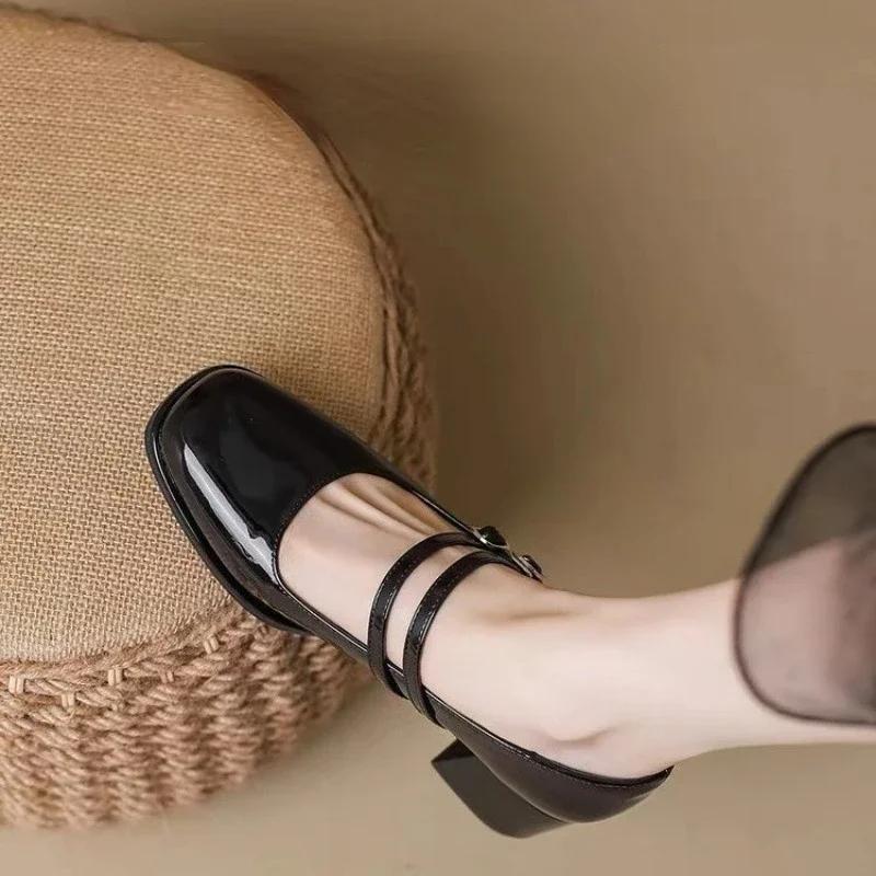 Fashion Patent leather rough single-heeled women's shallow-mouthed women's shoes 2024 summer new style with a word belt Mary Jane shoes