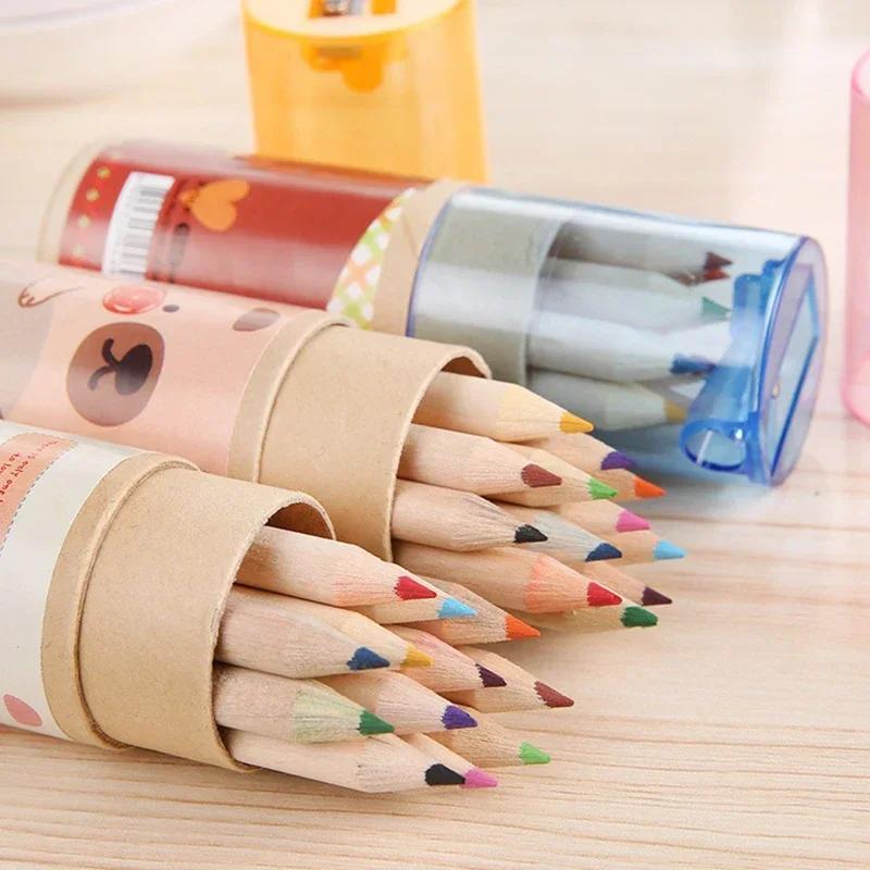 12 Stück/Schachteln Niedliche Holzfarbstifte Kindergeschenk Malstift Schreiben 12 Farben mit Spitzer Schüler Schreibwarenzubehör