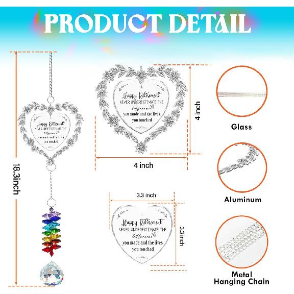 Retirement Heart Suncatcher Ornament – Crystal Rainbow Prism with Engraved Quote “Happy Retirement” – Meaningful Gift for Retirees,