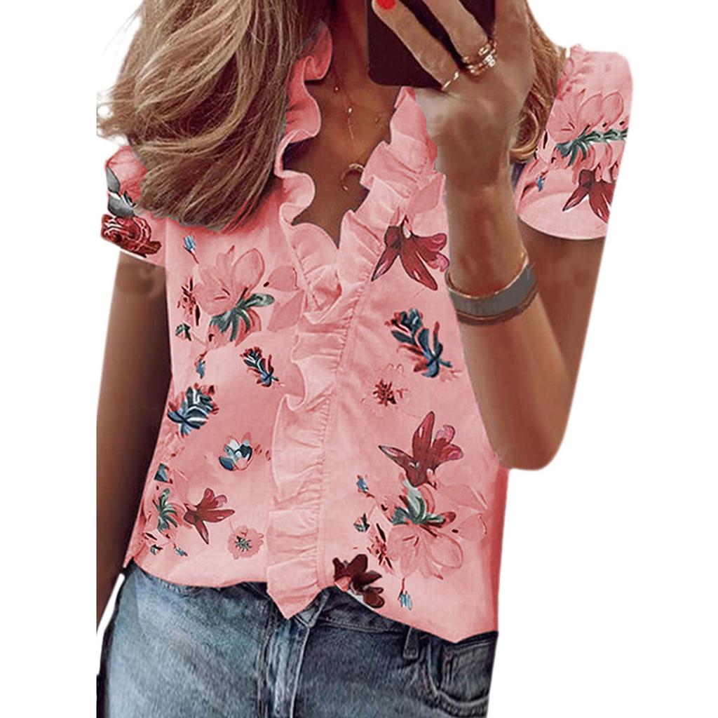 Womens V Neck Ruffle Star Printed Short Sleeve T Shirt Ladies Blouse Shirts Tops