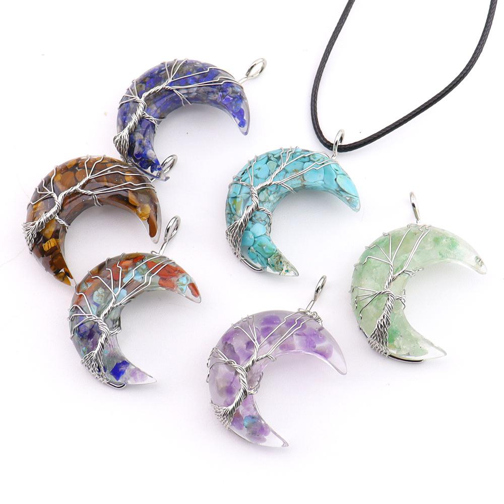 Chakela Natural Crystal Resin Tree of Life Crescent Moon Pendant Necklace N755