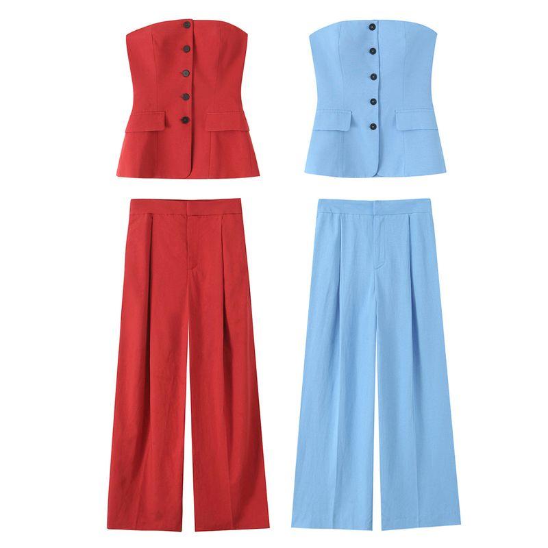 Kaslead New Women clothes Western Style Stretch Neck Collar Top Long Pleated Pants 0085339 3152433