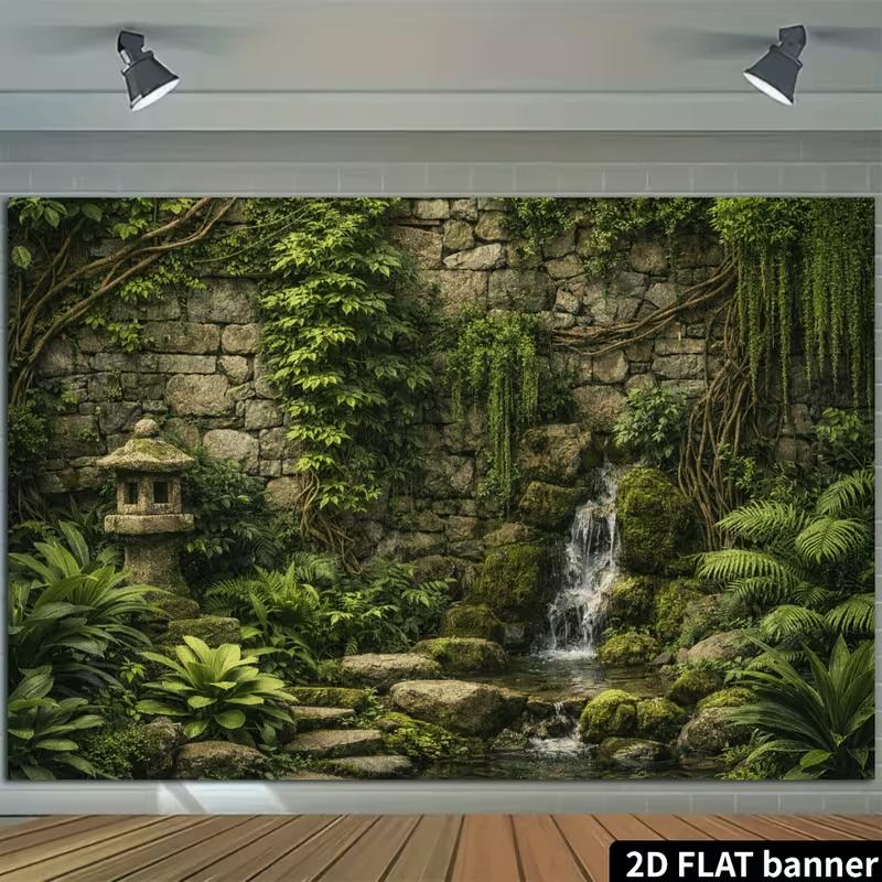 2D Mossy Rock Wall Green Vine Nature Scenery Backdrop for Studio Shoot