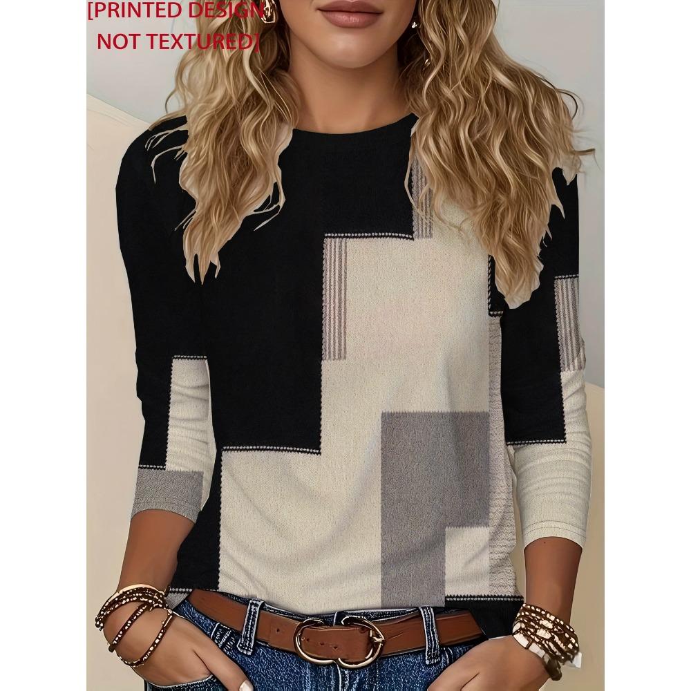Women Long Sleeve T Shirt Patchwork Block Print Round Neck Color