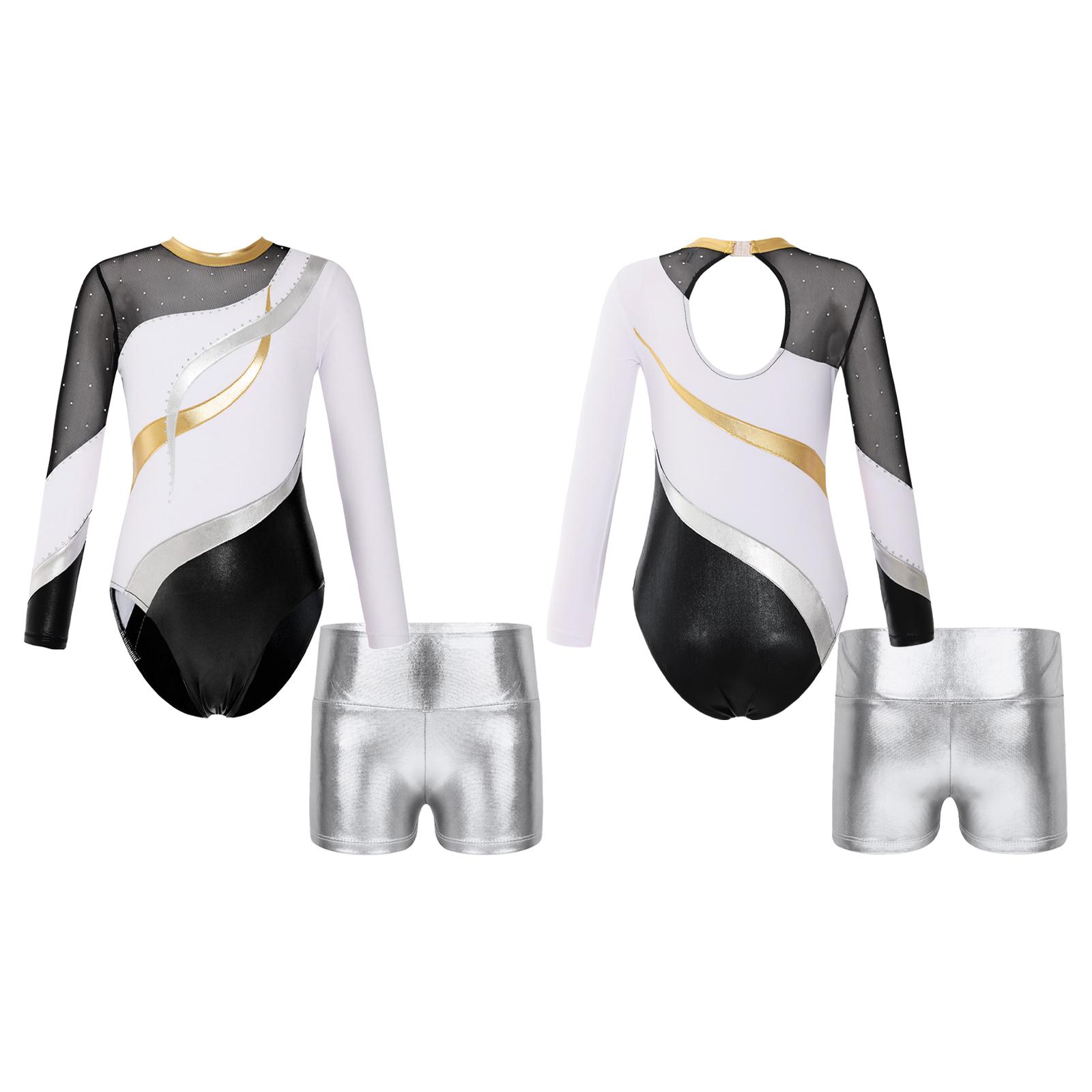 

2Pcs Діти Дівчата Довгий Рукав Стрази Декор Гімнастичні Трико Танцювальне Боді з Шортами 5-6 Years білий/срібний