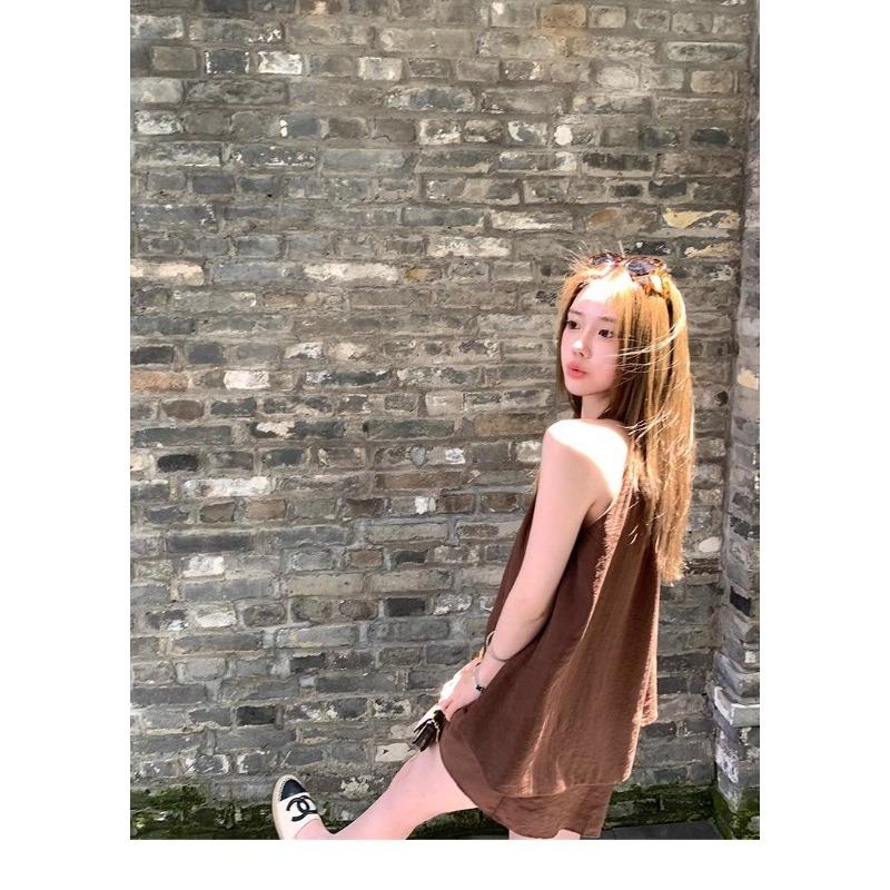 Summer Casual Sleeveless Off Shoulder Tie Front Crop Top and Shorts Two Piece Set Cover Tummy