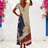 Women Plus Size V Neck Short Sleeve Loose Printed American Flag Long Maxi Dress