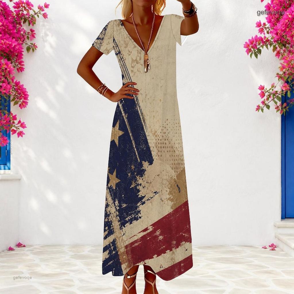 Women Plus Size V Neck Short Sleeve Loose Printed American Flag Long Maxi Dress
