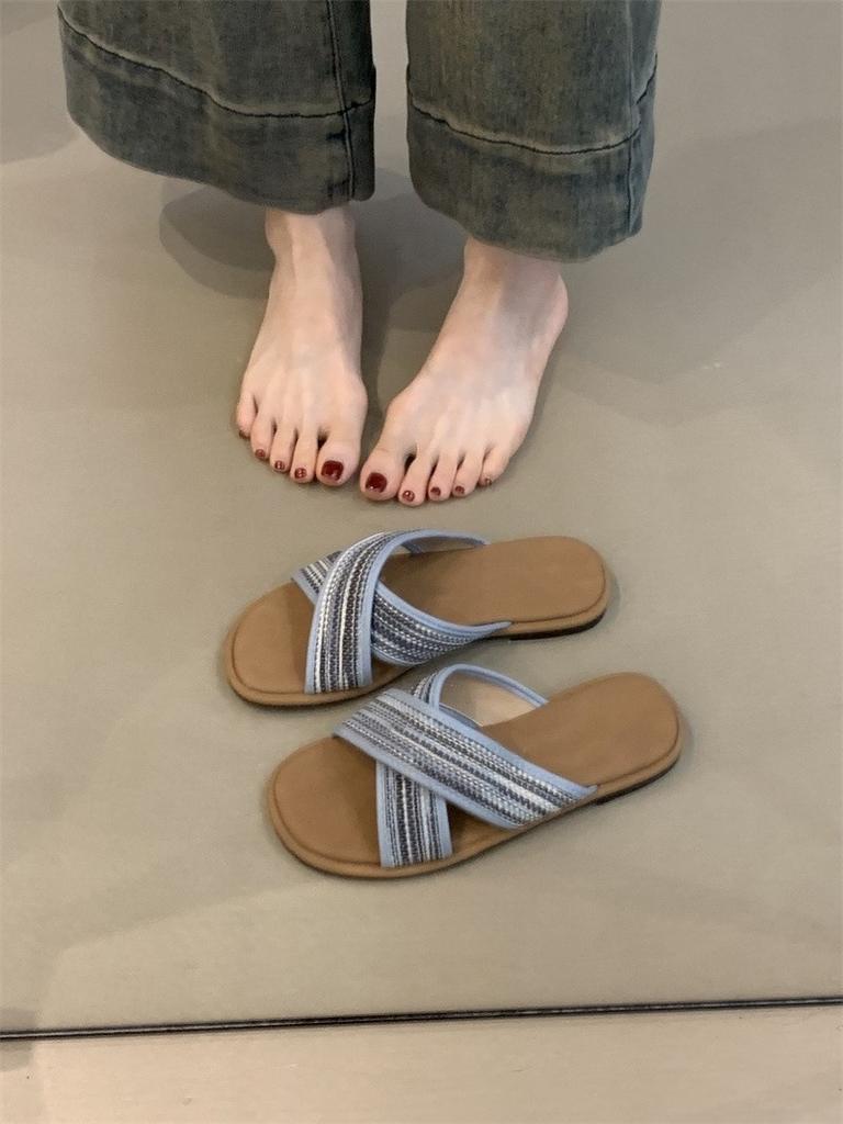 Modische Sandalen Damen 2025 Neu Sommer Vintage Gewebte Römersandalen mit gekreuzten Zehen