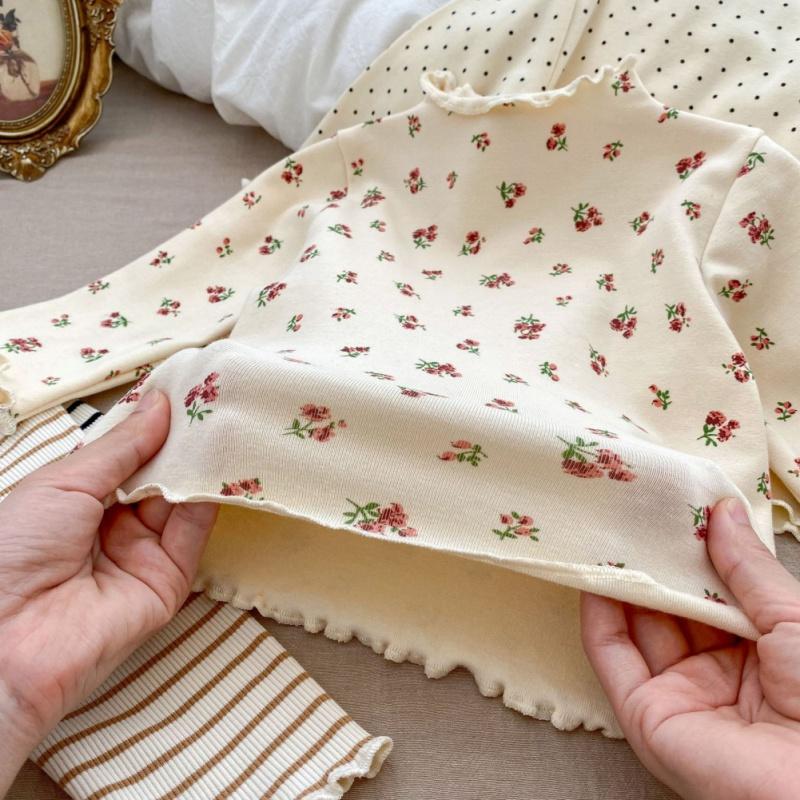 Baby Girl Long Sleeved Top Pleated Printed Cotton T-Shirt Kids Top