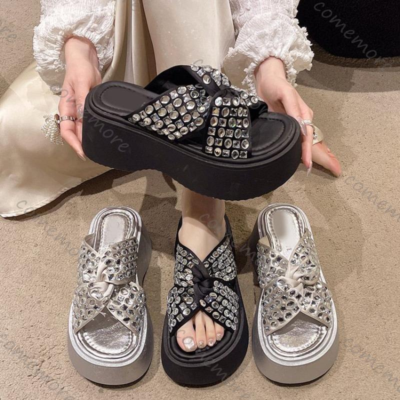 Comemore Platform Slippers Women Summer Shoes Fashionable Sequins Glitter Thick Sole Wedge Sandals Casual Outside Heels Slides
