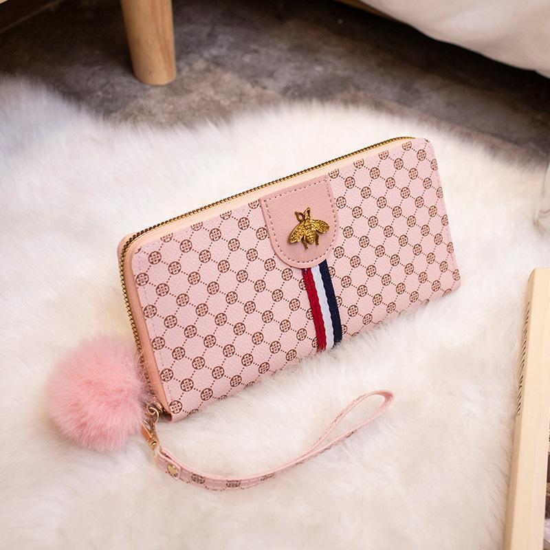 New Contrasting Color Women's Wallet Casual Printing Bee Label Change Bag Hairball Decoration Medium and Long Clutch Bag