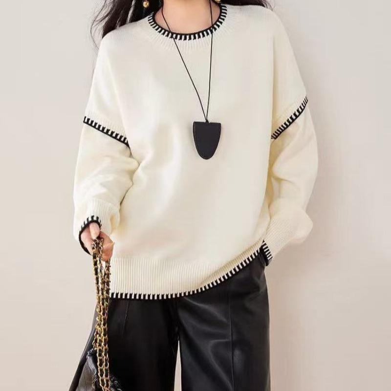 New autumn and winter black and white contrasting color edge crew neck sweater women's simple versatile loose lazy wind knitted sweater