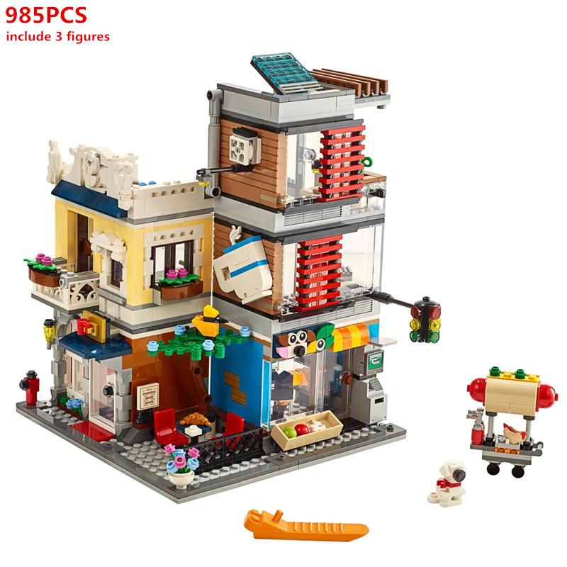 

City Creator 3 в 1 Таунхаус Зоомагазин и кафе Магазин игрушек Строительные блоки Фигурки Модели Наборы Кирпичи Классика Для Детей Игрушки Подарок