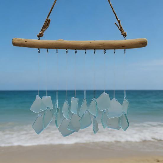 Sea Glass Wind Chime for Outside Handmade Coastal Style Blue Seaglass Art for Indoor Outdoor Garden Home Decor Housewarming Gift for Women