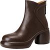 Brown round head short boots women's soft leather new thick-soled autumn and winter velvet rear zipper muffin bottom Martin boots thick heel