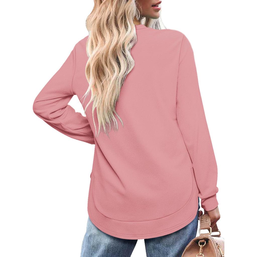 Women's Casual Fashion Round Neck Loose T-Shirt Solid Colour Long Sleeve Top