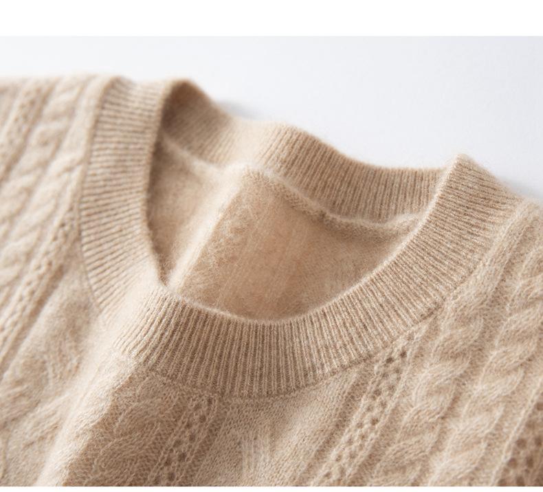Women's Cable Knit Cashmere Sweater - Round Neck, Soft Pullover, Loose Fit, Perfect for Autumn & Winter.
