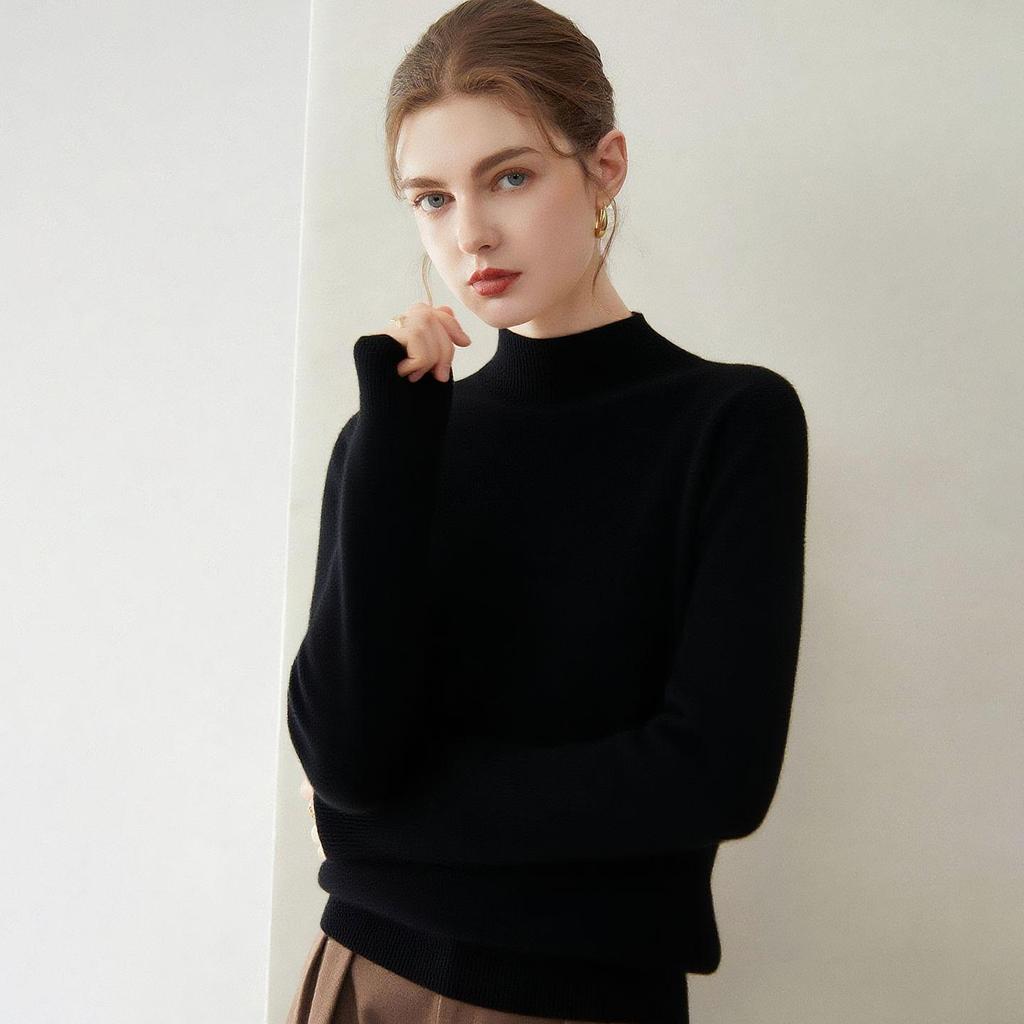 Elegant 100% Pure Cashmere Sweater for Women - Half-High Neck, Solid Color Pullover, Perfect for Autumn/Winter
