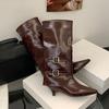 Fashion Fashion Buckle Women Knee High Boots Shoes With Low Heel Footwear Female Pointed Toe Ladies Western Boots Slip On Shoes Pumps