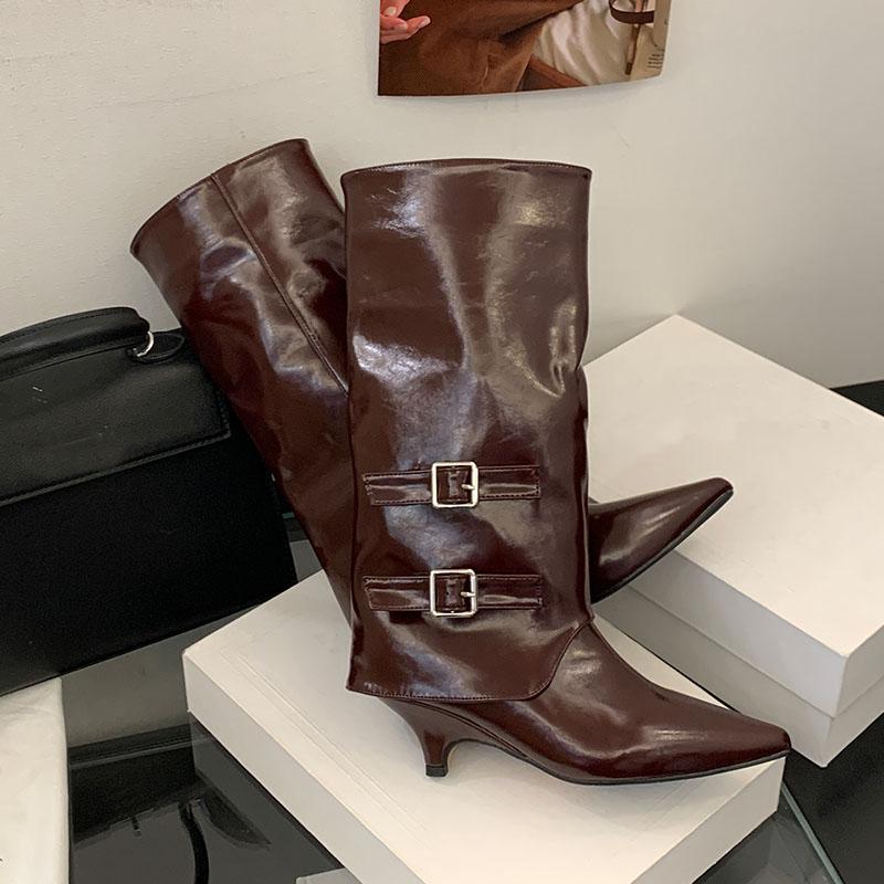 Fashion Fashion Buckle Women Knee High Boots Shoes With Low Heel Footwear Female Pointed Toe Ladies Western Boots Slip On Shoes Pumps
