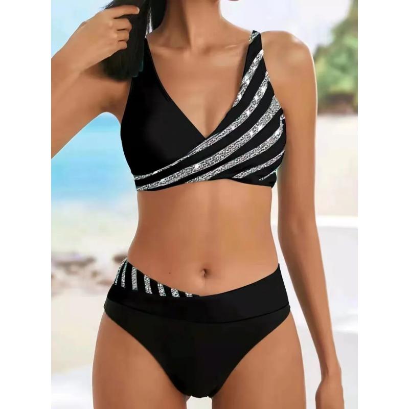 Bikini set s V výstřihem 2026 Dámský pruhovaný patchworkový plavecký úbor Letní plážové oblečení Plavky Ženské plavky Koupací plavky 3XL